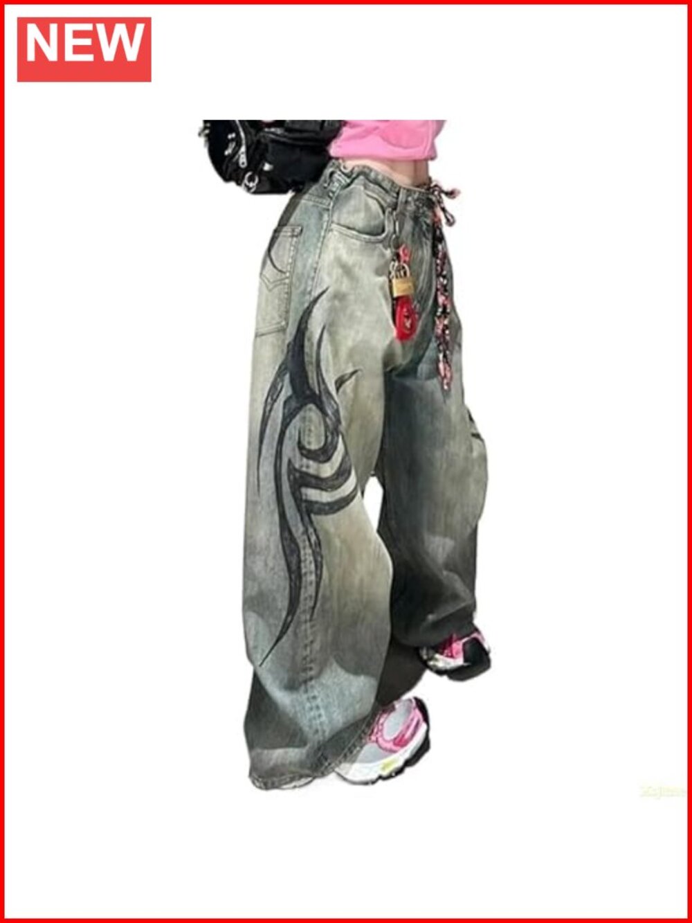 High Rise Wide Leg Baggy Jeans with Totem Print Y2K Goth Hip-Hop Streetwear